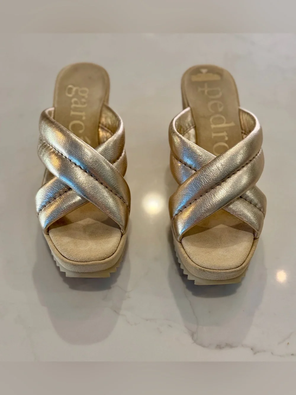 Pedro Garcia Florina Metallic Gold Crisscross Slide Wedges. Size 40EU/10US